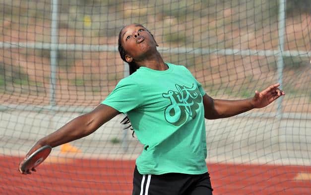 Nyomi Mosley works on her discus form during practice Wednesday, May 9. Mosley is one of the top shot put and discus athletes in the state. The Scorpions are set for the Division III State Championships in Mesa on Friday and Saturday, May 11 and 12.