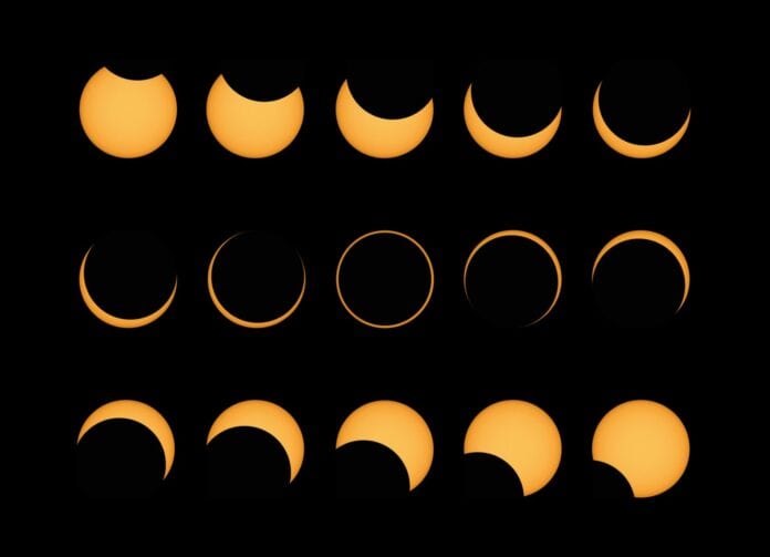 Annular solar eclipse phases composite panorama during Totality , popularly called the ring of fire , shot from Tamil Nadu , India . Rare natural phenomenon