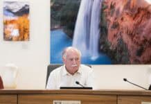 Sedona Mayor Scott Jablow listens as five Sedona City Council members list their reasons for why they are voting in public to formally censure him and call for him to resign. Jablow voted against the measure, joined by Councilman Derek Pfaff, and refused to resign.